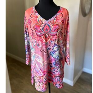 Soft Surroundings Women's Pink Orange Paisley V Neck Tunic Top Size Medium
